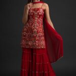 NSR 1301 Red Top : Georgette Work : Heavy Embroidery With Real Mirror Work Sharara : Georgette Wedding, Party, Festive, Events @1849/- | Salwar suit, Designer Suits, Casual Suits, Creative suits, Palazzo Suits, Party Wear Suits, Straight Suits