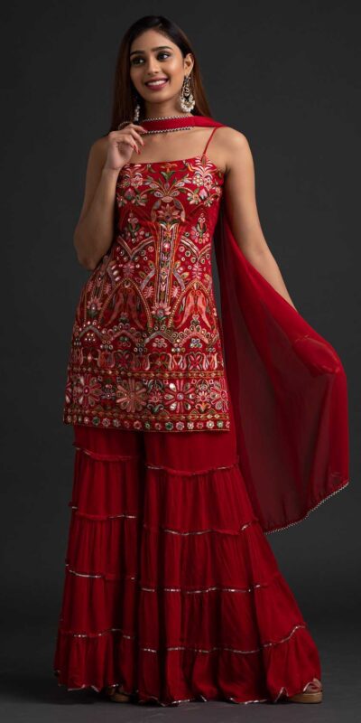 NSR 1301 Red Top : Georgette Work : Heavy Embroidery With Real Mirror Work Sharara : Georgette Wedding, Party, Festive, Events @1849/- | Salwar suit, Designer Suits, Casual Suits, Creative suits, Palazzo Suits, Party Wear Suits, Straight Suits