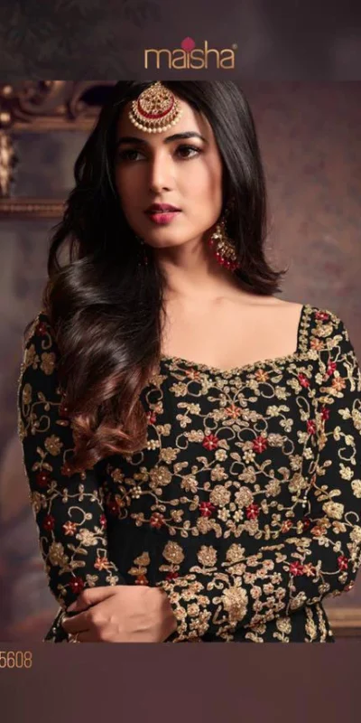 Maisha 5608 Black Top : Heavy Net Work : Heavy Embroidery Coding With Diamond Work Bottom : Santoon Wedding, Party, Festive @3299/- | Anarkali Suits, Bollywood Anarkali, Creative-Anarkali, Designer Anarkali, Embroidered Anarkali, Party Wear Anarkali