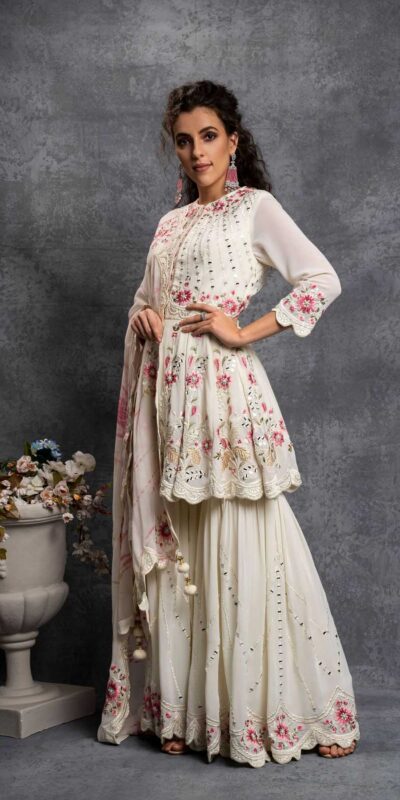 SR 1238 White Top : Heavy Fox Georgette Sharara : Fox Georgette Work : Heavy Embroidery With Real Mirror Work Wedding, Party @1849 Only | Salwar suit, Designer Suits, Casual Suits, Creative suits, Palazzo Suits, Party Wear Suits, Straight Suits