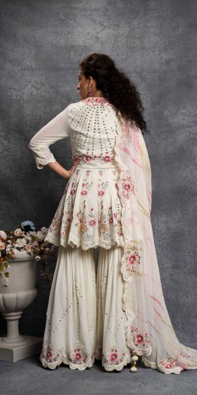 SR 1238 White Top : Heavy Fox Georgette Sharara : Fox Georgette Work : Heavy Embroidery With Real Mirror Work Wedding, Party @1849 Only | Salwar suit, Designer Suits, Casual Suits, Creative suits, Palazzo Suits, Party Wear Suits, Straight Suits
