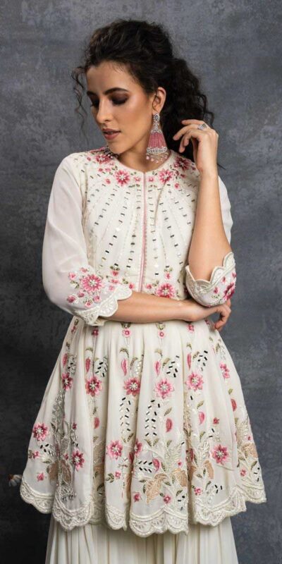 SR 1238 White Top : Heavy Fox Georgette Sharara : Fox Georgette Work : Heavy Embroidery With Real Mirror Work Wedding, Party @1849 Only | Salwar suit, Designer Suits, Casual Suits, Creative suits, Palazzo Suits, Party Wear Suits, Straight Suits