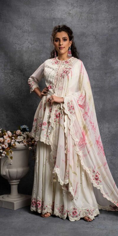 SR 1238 White Top : Heavy Fox Georgette Sharara : Fox Georgette Work : Heavy Embroidery With Real Mirror Work Wedding, Party @1849 Only | Salwar suit, Designer Suits, Casual Suits, Creative suits, Palazzo Suits, Party Wear Suits, Straight Suits