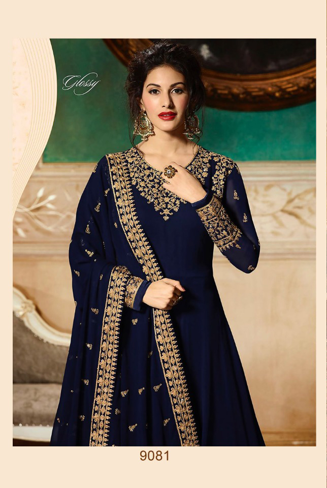 GLOSSY 9081 blueColor: blueFabrics: Top :- Heavy Georgette Embroidery Dupatta:- Georgette with Embroidery Work +Stone with Lace | Anarkali Suits, Bollywood Anarkali, Creative-Anarkali, Designer Anarkali, Embroidered Anarkali, Party Wear Anarkali