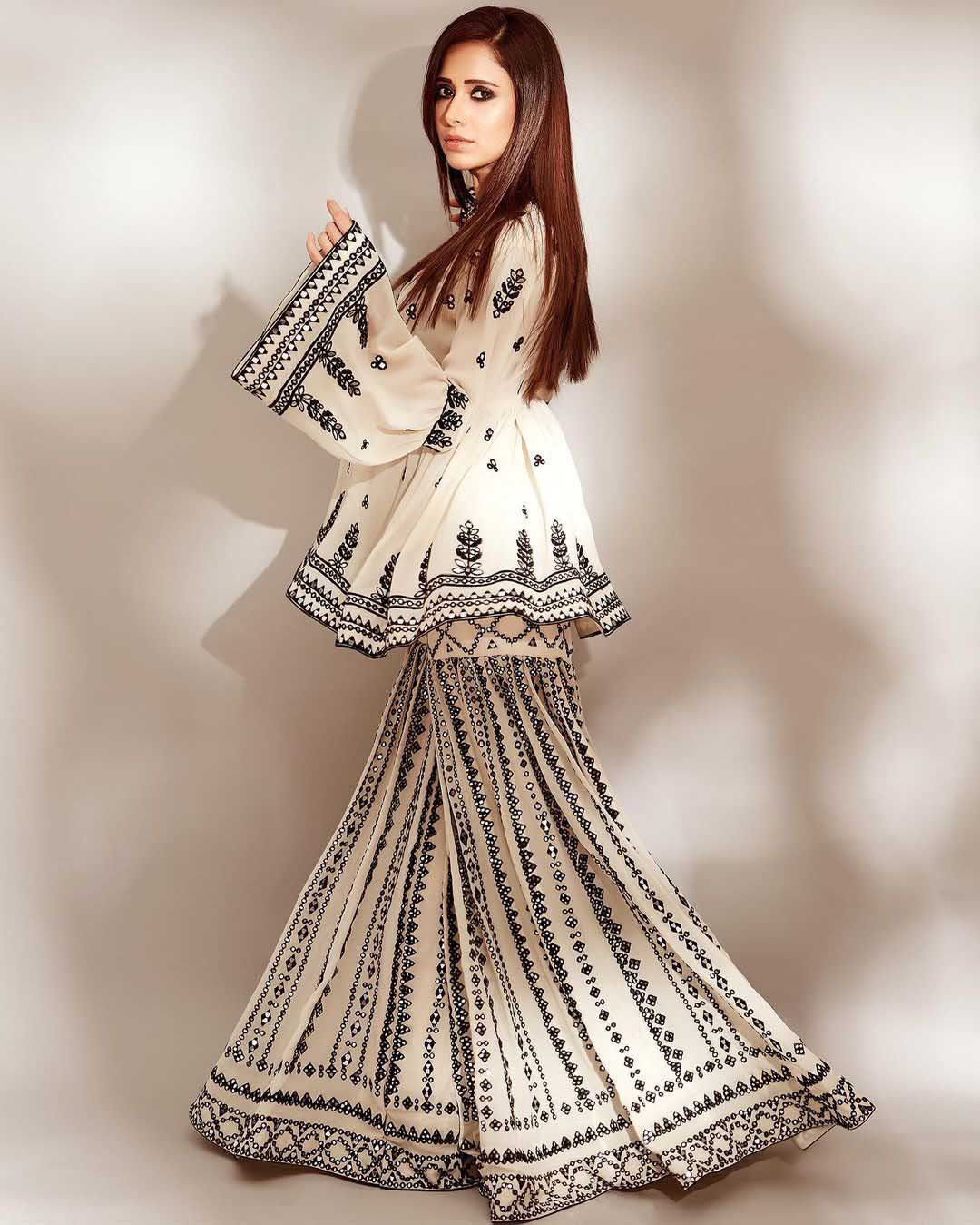 NSR 1139 White & Black Top : Heavy Georgette Top Work : Embroidery Work With Embroidered Bell Sleeve Party, Daily, Wedding, Events @ | Salwar suit, Designer Suits, Casual Suits, Creative suits, Palazzo Suits, Party Wear Suits, Straight Suits