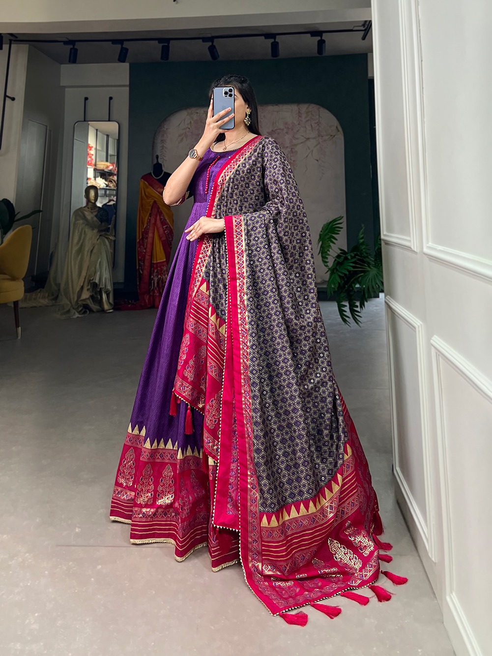 YNF 5007 Purple Color Tussar Silk Print With Foil Printed Gown Casual, Wedding, Party, Festive, Events Etc. Expected Delivery 4-6 Working Days @2049/- | Gowns, Bollywood Gowns, Creative Gowns, Designer Gowns, Embroidered Gowns, Party Wear Gowns