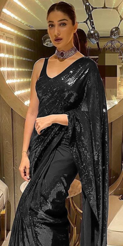 Stunning Black Color Fancy Sequence Work Party Wear Sarees