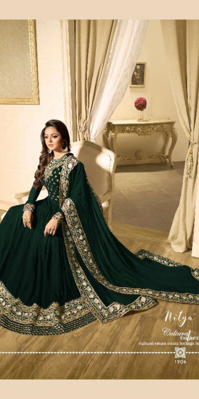 LT 1703 Green Color: Green Fabrics: Banglory Silk + Faux Georgette & Codding Embroidery work Dupatta:- Heavy Net + Codding and Sequine Embroidary Work | Anarkali Suits, Bollywood Anarkali, Creative-Anarkali, Designer Anarkali, Embroidered Anarkali, Party Wear Anarkali