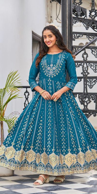 Consummate Blue Color Heavy 14 Kg Rayon Printed Work Kurti