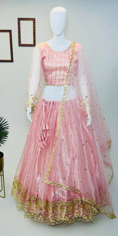 Cute Peach Color Soft Net Embroidery Sequins Lehenga Choli