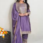 Elegant Violet Color Pure Chinnon Silk Embroidery Salwar Suit