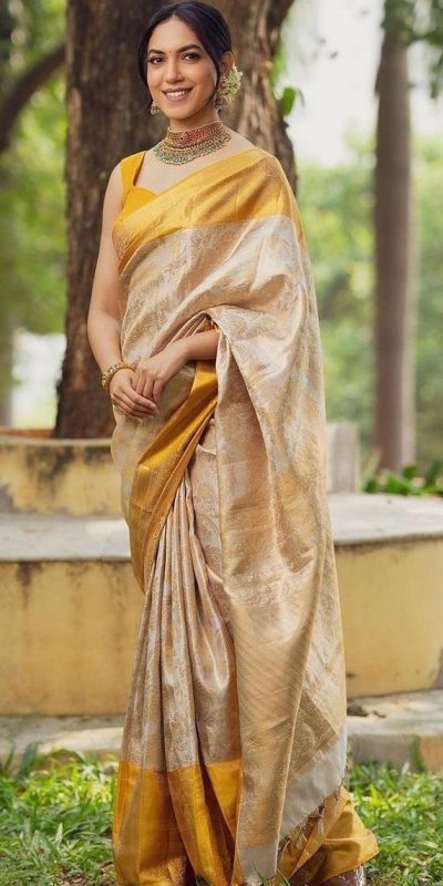 Fancy Golden Color Soft Lichi Silk Cloth Beautiful Rich Pallu Saree