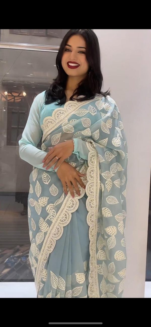 Fancy Light Blue Color Faux Georgette Thread Sequence Saree