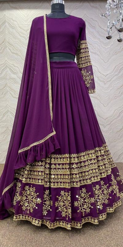 Graceful Purple Color Georgette Embroidery Sequins Lehenga