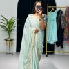 Light Pista Green Color Chinon Embroidery Cotton Thread Saree