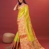 Magnificent Yellow Color Pure Lichi Silk Gold Zari Weaving Saree