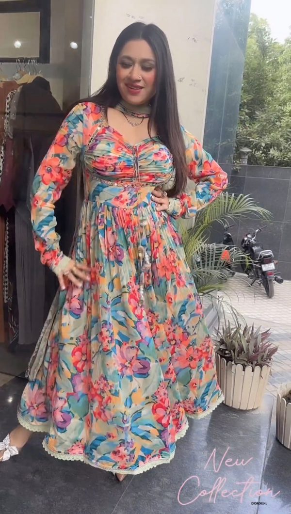 Nice Blue Color Chinon silk Digital Print real Mirror Work Kurti