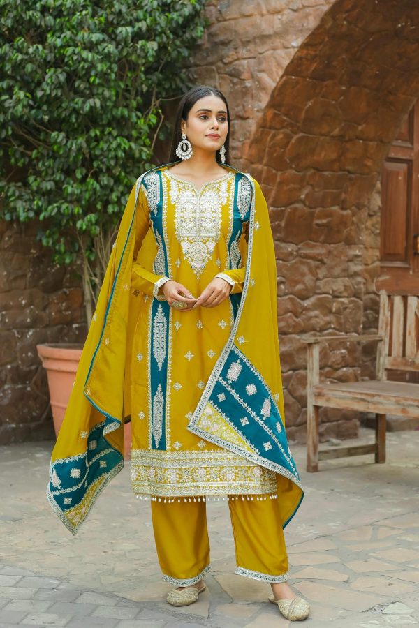 Perfect Yellow Chinon Silk Embroidery Sequence Sharara Suit