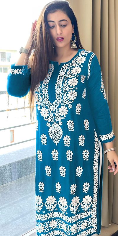 Pretty Blue Color Heavy Rayon Cotton Style Embroidery Work Kurti