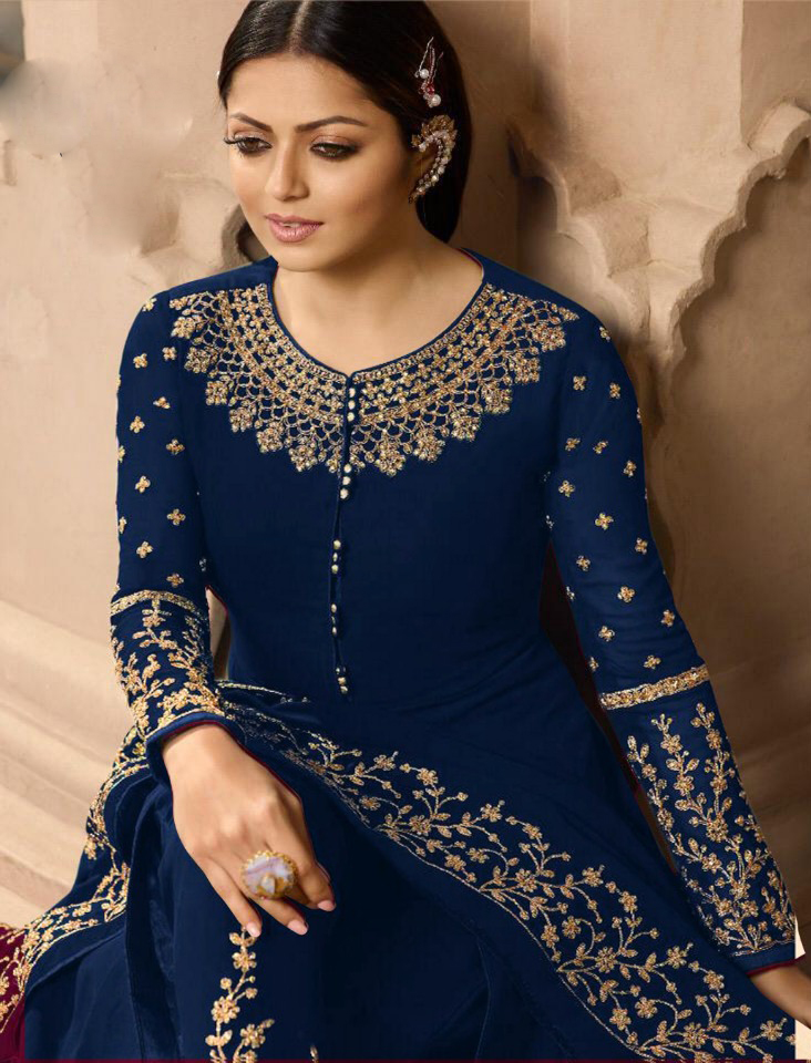 Pretty Navy Blue Color Georgette With Cording Work Sharara Suit - Image 2