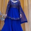 Pretty Royal Blue Color Georgette Embroidery Work Sharara Suit
