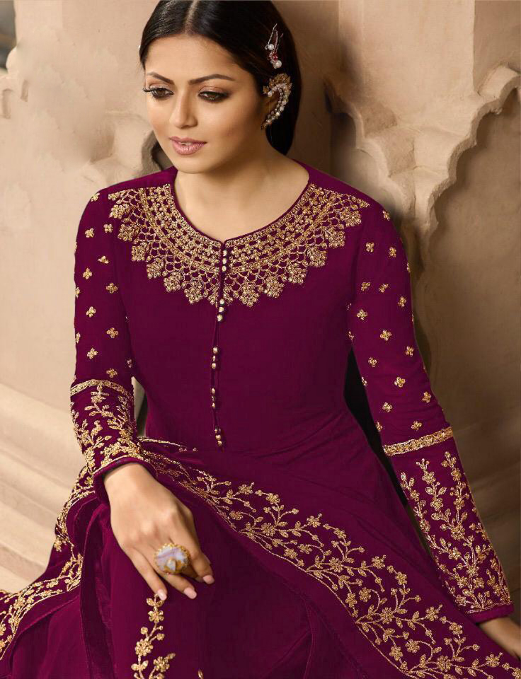 Pretty Wine Color Georgette With Cording Work Sharara Suit - Image 2