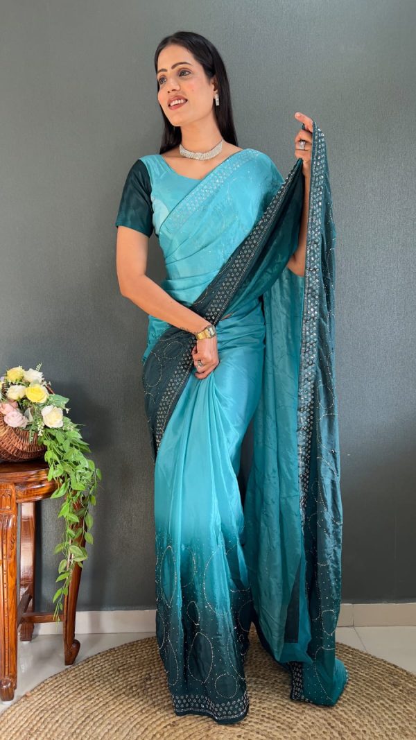 Radiant Navy Blue Pure Chinon Chiffon Sirvoski Dimond Saree