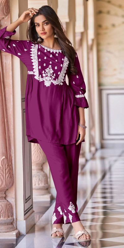 Sublime Purple Color Rayon With Beautiful Embroidery Work Kurti
