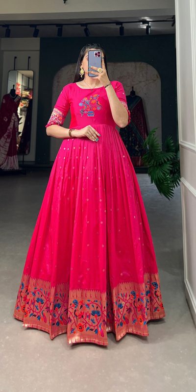 Superb Pink Color Jacquard Silk Paithani  Zari Designer Gown