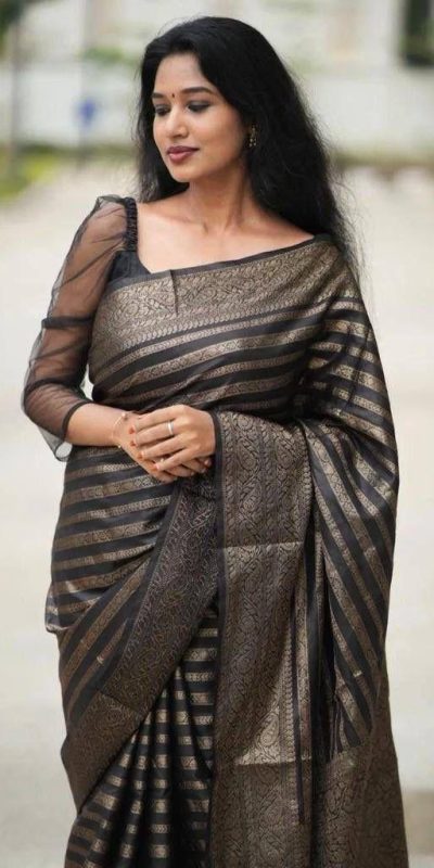 KP 4085 Black Color Soft Lichi Silk Jacquard On All Over Saree Casual, Party Wear, Wedding, Events Etc. Expected Delivery 4-6 Working Days @1399/- | Sarees, Bollywood Sarees, Creative Sarees, Designer Sarees, Embroidered Sarees, Ethnic Saree, Modern Digital sarees, Party Wear Sarees