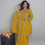 Elegant Yellow Color Pure Chinnon Silk Embroidery Salwar Suit