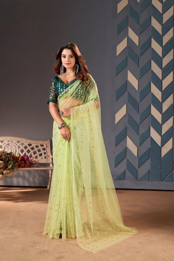 Glamorous Green Color Heavy Butterfly Net Embroidery Saree