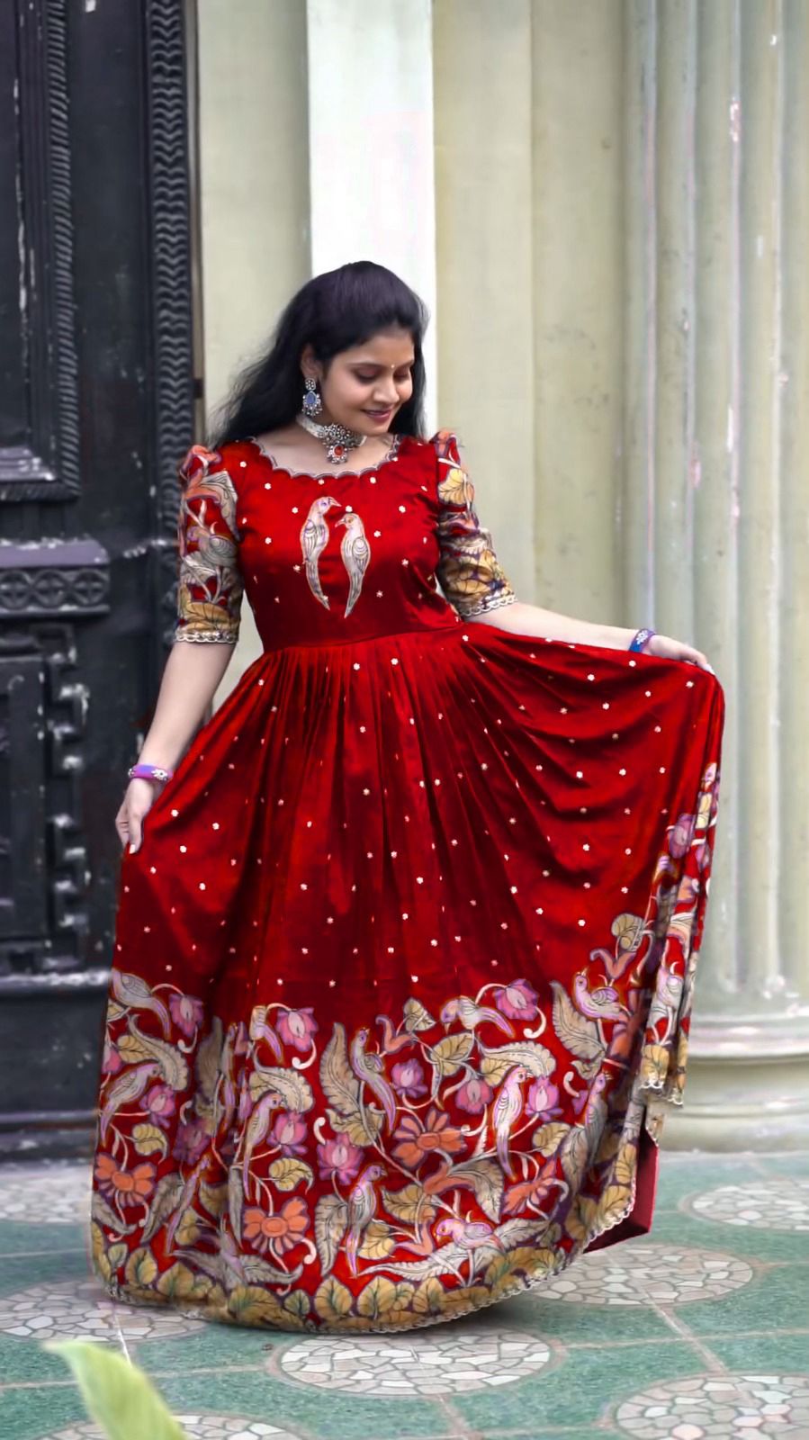 Glamorous Red Color Chant Crepe Kalamkari Printed Work Gown