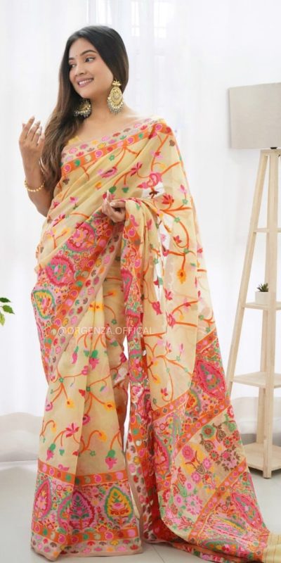 Graceful Cream Color Kashmiri Running Thread Zari Work Saree