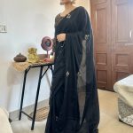 Grand Black Color Soft Chinnon Hand Work Flower Design Saree