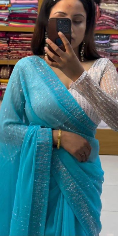 Grand Blue Color Georgette Shining Diamond All Over Saree