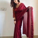Grand Marron Color Soft Chinnon Hand Work Flower Design Saree