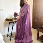 Grand Purple Color Soft Chinnon Flower Design Handwork Saree