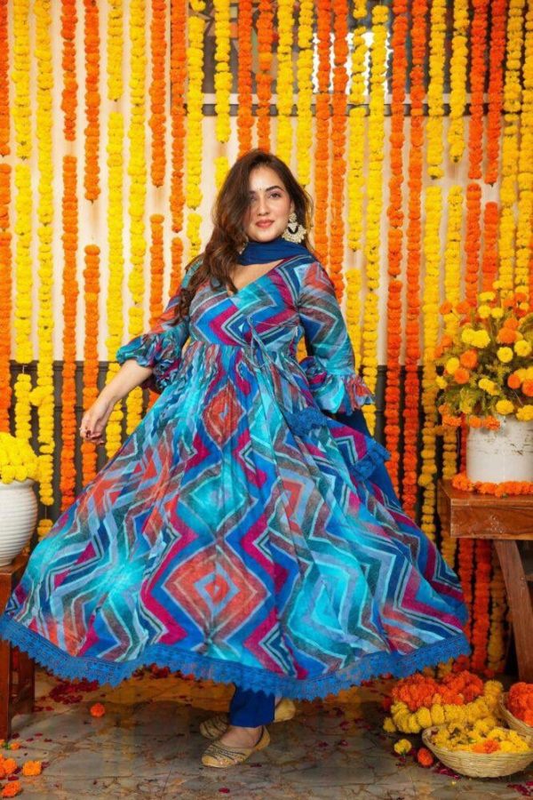 Majestic Blue Color Chiffon Digital Prints Embroidery Gown
