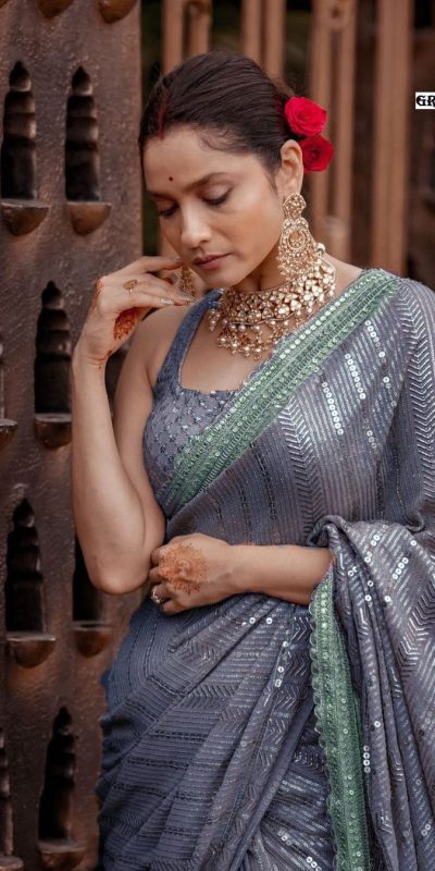 Majestic Grey Color Georgette Beautiful Embroidery Saree