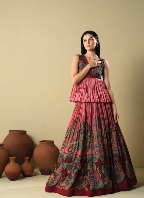 Majestic Pink Color Chinon Kalamkari Printed Work Lehenga Choli