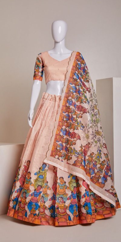 Nice Peach Silk Embroidery Sequins Amazing Print Lehenga Choli