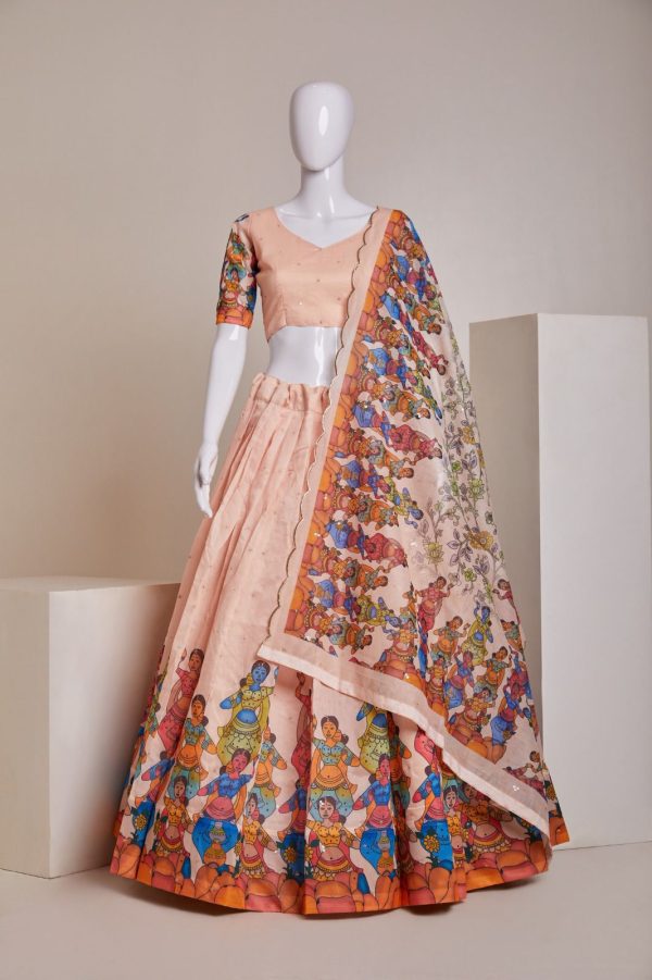 Nice Peach Silk Embroidery Sequins Amazing Print Lehenga Choli