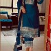 Nice Peacock Blue Color Chinnon Silk Embroidery Salwar Suit