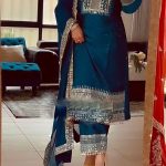 Nice Peacock Blue Color Chinnon Silk Embroidery Salwar Suit