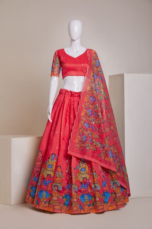 Nice Red Silk Embroidery Sequins Amazing Print Lehenga Choli