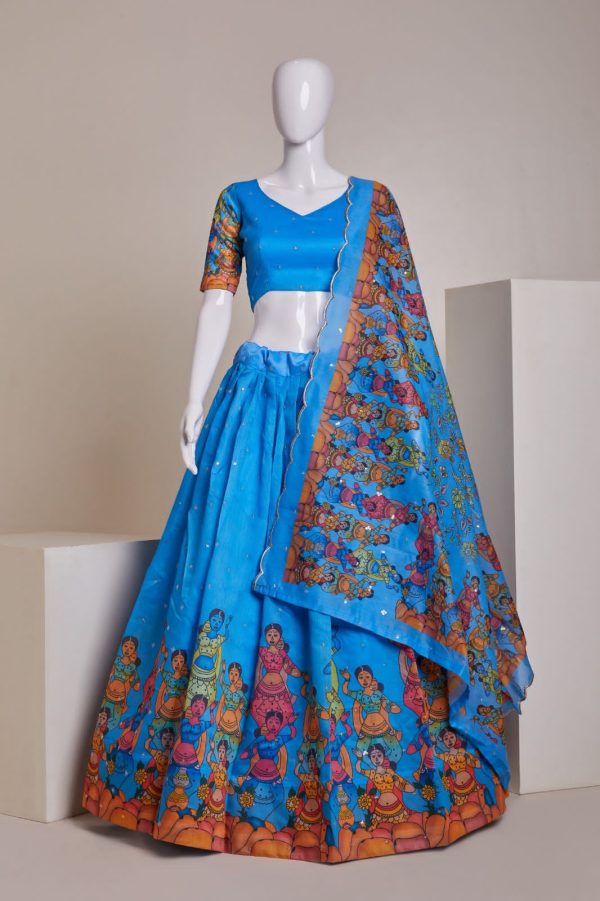 Nice Sky Blue Silk Embroidery Sequins Amazing Print Lehenga Choli