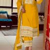 Nice Yellow Color Chinnon Silk Embroidery Sequence Salwar Suit