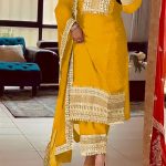 Nice Yellow Color Chinnon Silk Embroidery Sequence Salwar Suit