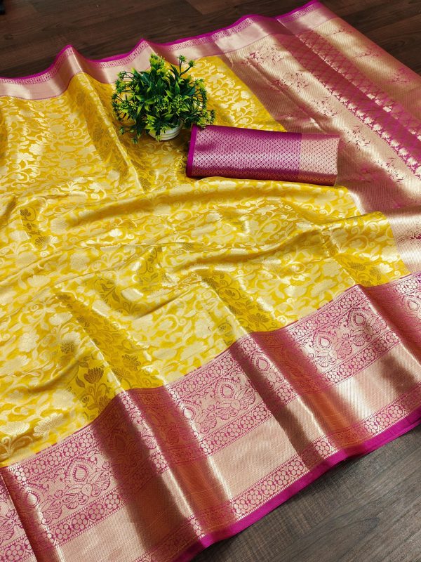 Nice Yellow Soft Organic Banarasi Silk Gold Zari Weaving Saree